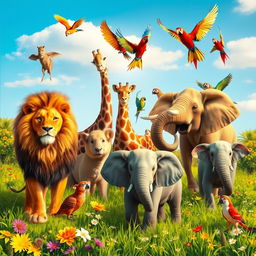A diverse group of animals gathered in a lush green meadow, featuring a majestic lion, a graceful giraffe, a playful elephant, and colorful parrots flying overhead