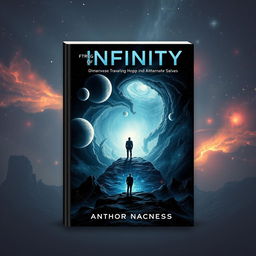 A mesmerizing book cover art for a sci-fi novel titled "Fragments of Infinity" that explores multiverse traveling, dimensional hopping, and alternate selves