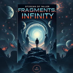 A mesmerizing book cover art for a sci-fi novel titled "Fragments of Infinity" that explores multiverse traveling, dimensional hopping, and alternate selves