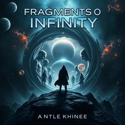 A mesmerizing book cover art for a sci-fi novel titled "Fragments of Infinity" that explores multiverse traveling, dimensional hopping, and alternate selves