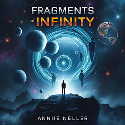 A mesmerizing book cover art for a sci-fi novel titled "Fragments of Infinity" that explores multiverse traveling, dimensional hopping, and alternate selves