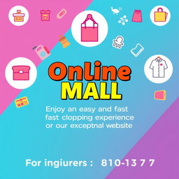 A vibrant and inviting commercial advertisement featuring a modern online shopping theme for a group that specializes in household items, clothing, and various needs