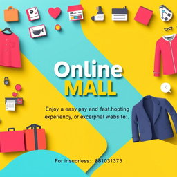 A vibrant and inviting commercial advertisement featuring a modern online shopping theme for a group that specializes in household items, clothing, and various needs