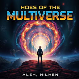 An intriguing book cover art for a sci-fi novel titled "Echoes of the Multiverse" that delves into multiverse traveling, dimensional hopping, and alternate selves