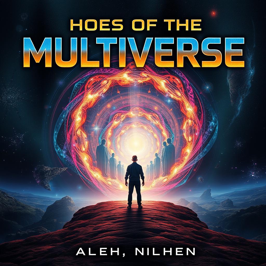 An intriguing book cover art for a sci-fi novel titled "Echoes of the Multiverse" that delves into multiverse traveling, dimensional hopping, and alternate selves
