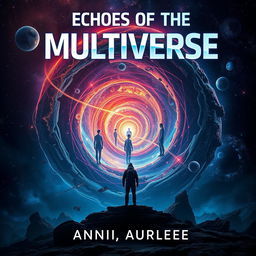 An intriguing book cover art for a sci-fi novel titled "Echoes of the Multiverse" that delves into multiverse traveling, dimensional hopping, and alternate selves