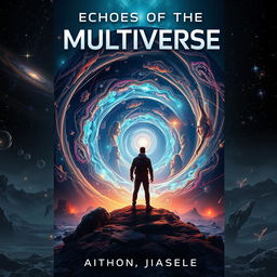 An intriguing book cover art for a sci-fi novel titled "Echoes of the Multiverse" that delves into multiverse traveling, dimensional hopping, and alternate selves