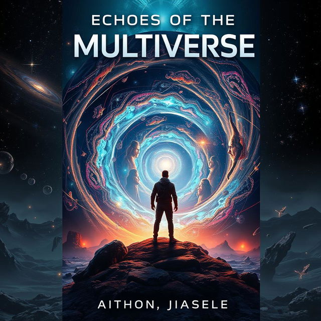 An intriguing book cover art for a sci-fi novel titled "Echoes of the Multiverse" that delves into multiverse traveling, dimensional hopping, and alternate selves