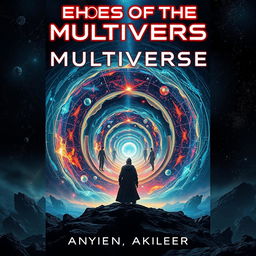 An intriguing book cover art for a sci-fi novel titled "Echoes of the Multiverse" that delves into multiverse traveling, dimensional hopping, and alternate selves