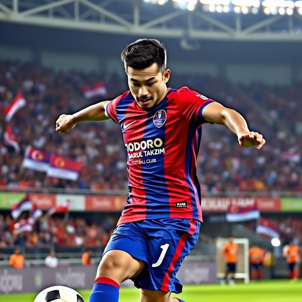 A professional football player in an intense action pose, representing Johor Darul Takzim Football Club