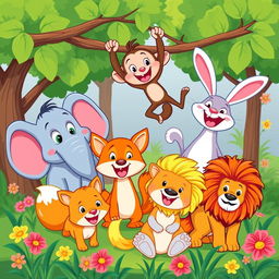 A vibrant and colorful illustration featuring a group of cartoon animals in a playful setting