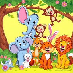 A vibrant and colorful illustration featuring a group of cartoon animals in a playful setting