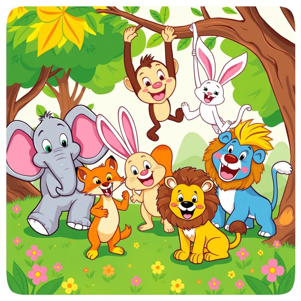 A vibrant and colorful illustration featuring a group of cartoon animals in a playful setting