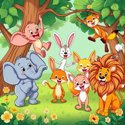 A vibrant and colorful illustration featuring a group of cartoon animals in a playful setting