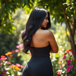 A healthy curvy Indian woman shown from a backside pose, with smooth, shining dark hair cascading down her back