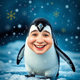 A whimsical, humorous image of a penguin standing on ice, but with a human face seamlessly blended onto the penguin's head