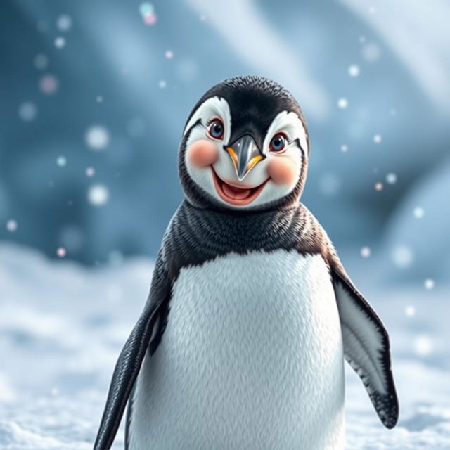 A whimsical, humorous image of a penguin standing on ice, but with a human face seamlessly blended onto the penguin's head