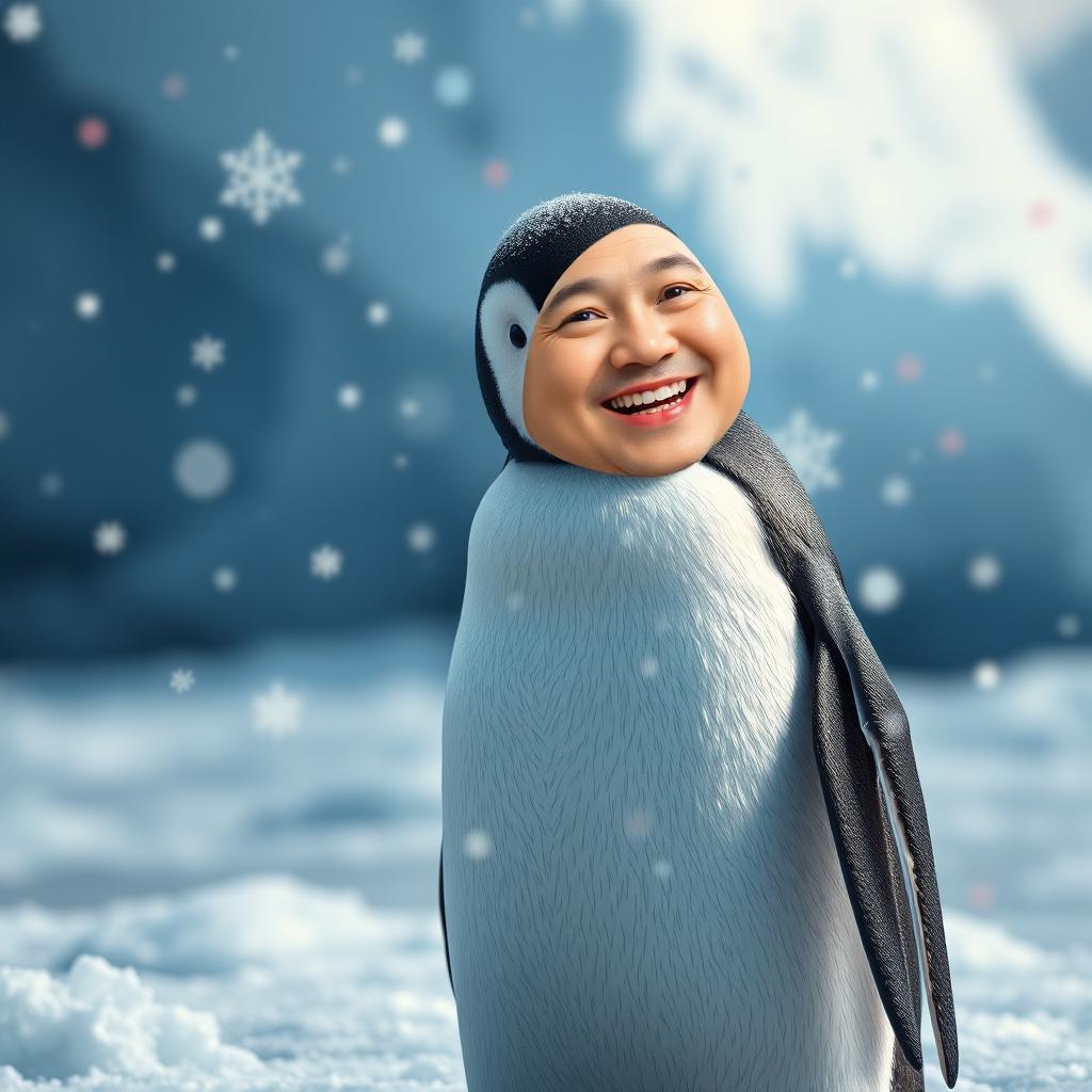 A whimsical, humorous image of a penguin standing on ice, but with a human face seamlessly blended onto the penguin's head