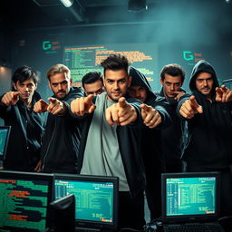 A dynamic scene featuring several hackers standing confidently in a dimly lit room filled with computer screens and blinking lights