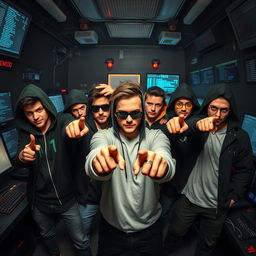 A dynamic scene featuring several hackers standing confidently in a dimly lit room filled with computer screens and blinking lights
