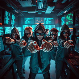 A dynamic scene featuring several hackers standing confidently in a dimly lit room filled with computer screens and blinking lights