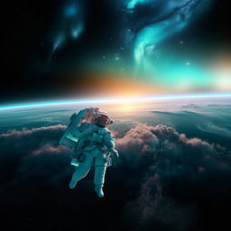 An astronaut floating in space, with the turquoise earth in the backdrop, adorned by a surreal sunset