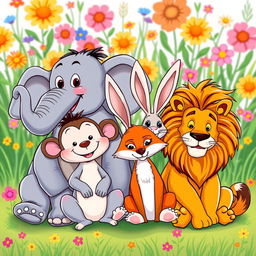 A delightful illustration of a group of cartoon animals sitting closely together
