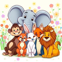 A delightful illustration of a group of cartoon animals sitting closely together