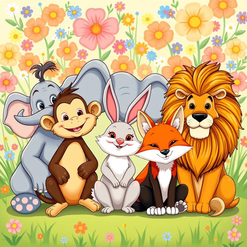 A delightful illustration of a group of cartoon animals sitting closely together