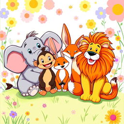 A delightful illustration of a group of cartoon animals sitting closely together