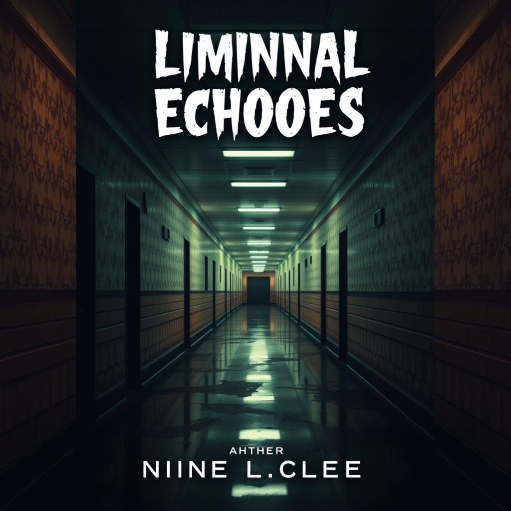 An unsettling book cover art for a psychological horror novel titled "Liminal Echoes" that explores the theme of being lost in eerie and oddly familiar liminal spaces outside reality
