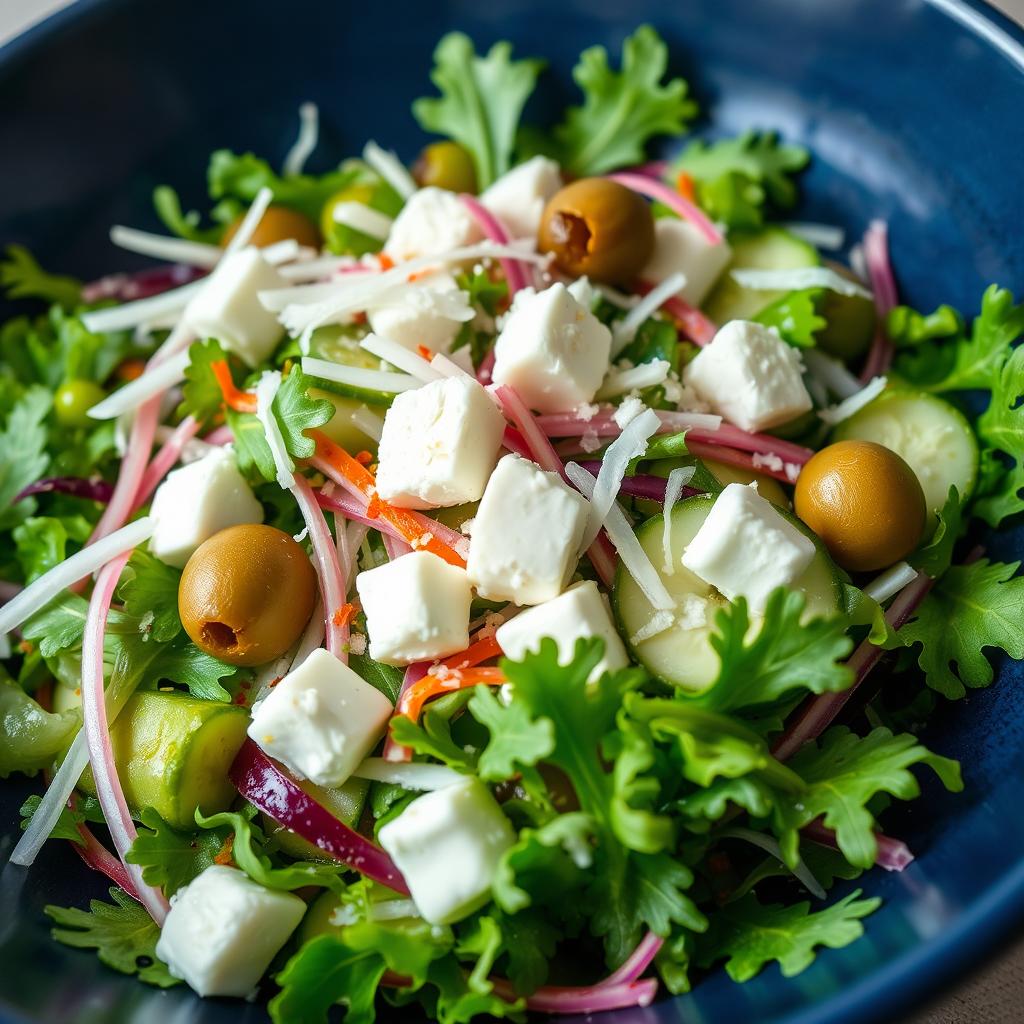 A vibrant and fresh salad featuring arugula, strings of fresh coconut, sliced green olives, a few cubes of cottage cheese, and strips of cucumber