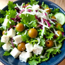 A vibrant and fresh salad featuring arugula, strings of fresh coconut, sliced green olives, a few cubes of cottage cheese, and strips of cucumber