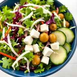 A vibrant and fresh salad featuring arugula, strings of fresh coconut, sliced green olives, a few cubes of cottage cheese, and strips of cucumber
