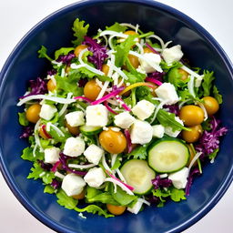 A vibrant and fresh salad featuring arugula, strings of fresh coconut, sliced green olives, a few cubes of cottage cheese, and strips of cucumber