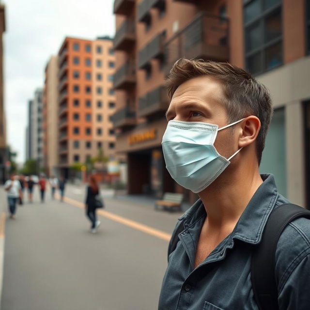 A man wearing a mask during the COVID-19 pandemic, standing in an urban environment with buildings in the background