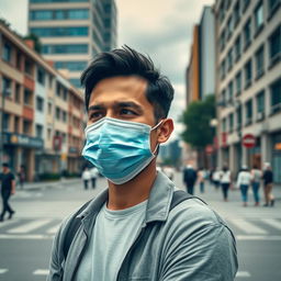 A man wearing a mask during the COVID-19 pandemic, standing in an urban environment with buildings in the background