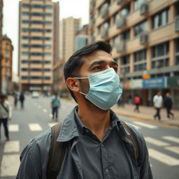 A man wearing a mask during the COVID-19 pandemic, standing in an urban environment with buildings in the background