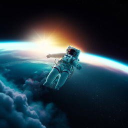 An astronaut floating in space, with the turquoise earth in the backdrop, adorned by a surreal sunset