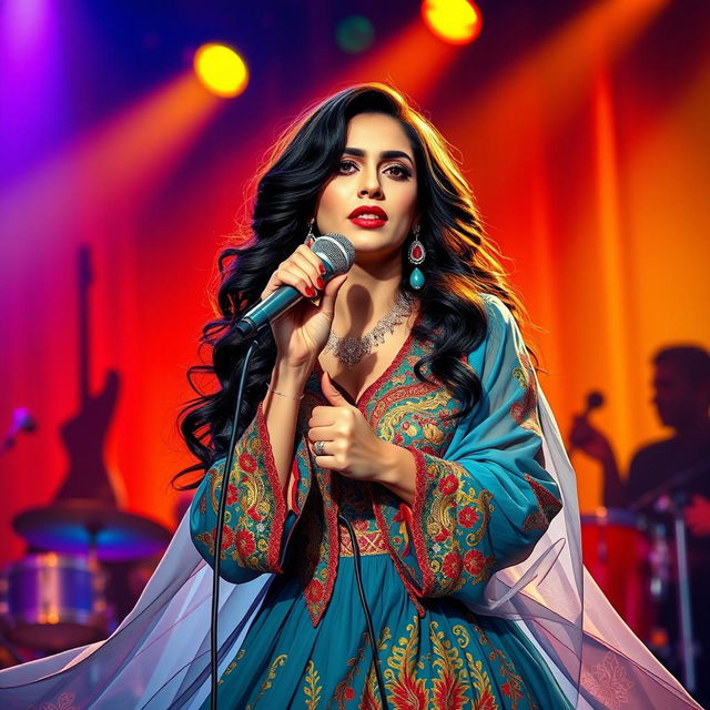 An artistic representation of Haideh, the iconic Iranian singer, captured in a vibrant concert scene