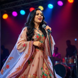 An artistic representation of Haideh, the iconic Iranian singer, captured in a vibrant concert scene