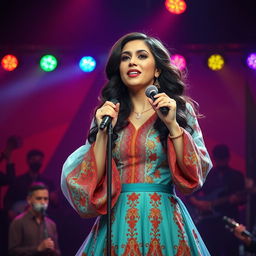 An artistic representation of Haideh, the iconic Iranian singer, captured in a vibrant concert scene