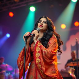 An artistic representation of Haideh, the iconic Iranian singer, captured in a vibrant concert scene