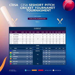 A detailed scoreboard layout for a cricket tournament, titled 'CESA SHORT PITCH CRICKET TOURNAMENT' at the top, elegantly designed with clear sections for team names, player statistics, overs, runs, and wickets