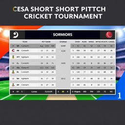 A detailed scoreboard layout for a cricket tournament, titled 'CESA SHORT PITCH CRICKET TOURNAMENT' at the top, elegantly designed with clear sections for team names, player statistics, overs, runs, and wickets