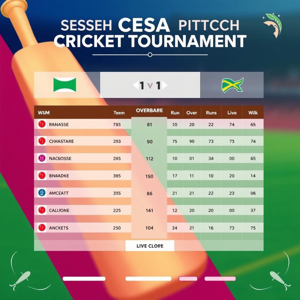 A detailed scoreboard layout for a cricket tournament, titled 'CESA SHORT PITCH CRICKET TOURNAMENT' at the top, elegantly designed with clear sections for team names, player statistics, overs, runs, and wickets