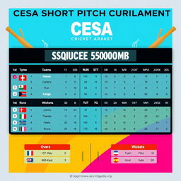 A detailed scoreboard layout for a cricket tournament, titled 'CESA SHORT PITCH CRICKET TOURNAMENT' at the top, elegantly designed with clear sections for team names, player statistics, overs, runs, and wickets