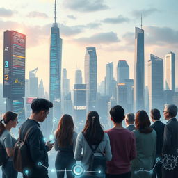 A visually striking representation of the challenges of artificial intelligence, featuring a futuristic city skyline with towering digital screens displaying conflicting data and algorithms