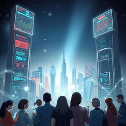 A visually striking representation of the challenges of artificial intelligence, featuring a futuristic city skyline with towering digital screens displaying conflicting data and algorithms