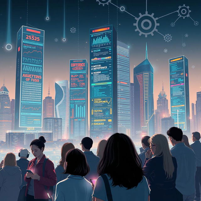 A visually striking representation of the challenges of artificial intelligence, featuring a futuristic city skyline with towering digital screens displaying conflicting data and algorithms